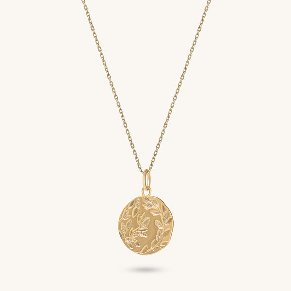 Olive Leaf Coin Necklace in 14K Solid Gold