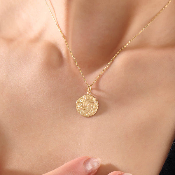 Women's Olive Leaf Coin Necklace in 14K Solid Gold