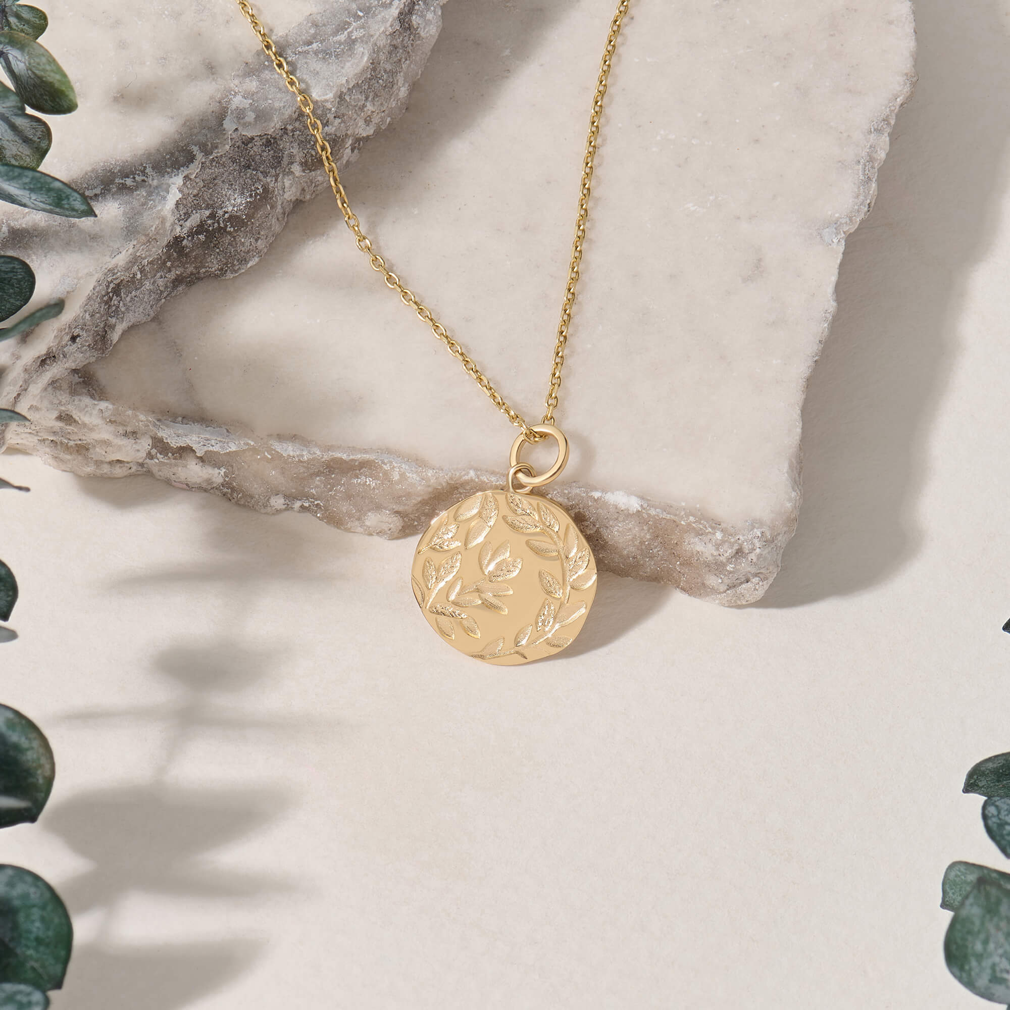 Olive Leaf Coin Necklace in 14K Real Yellow Gold