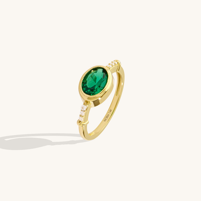 14K Real Yellow Gold Oval Emerald Bezel Promise Ring 