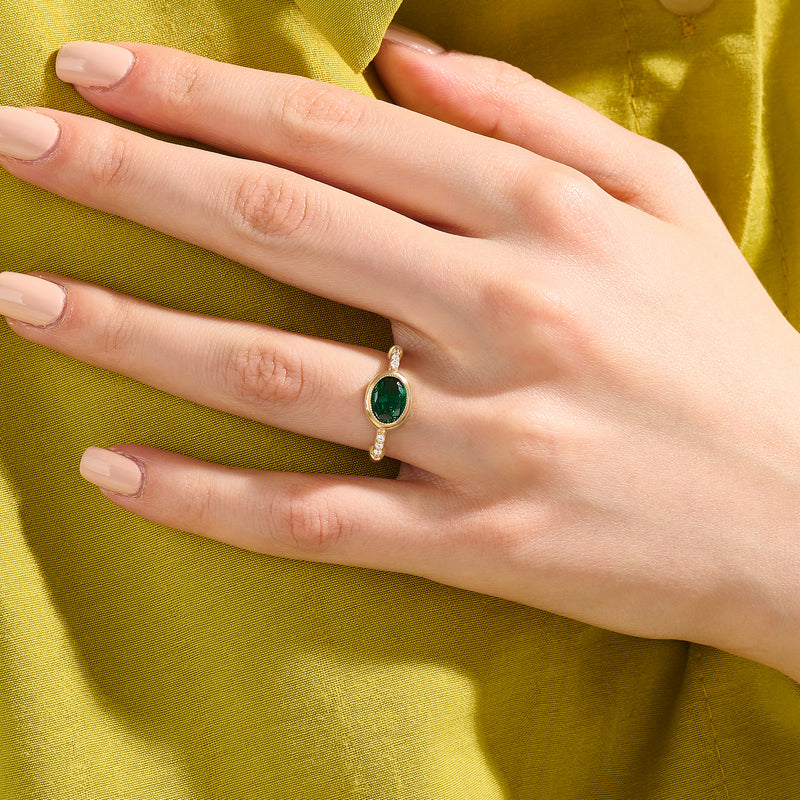 Solid 14K Gold Bezel Set Oval Emerald Ring