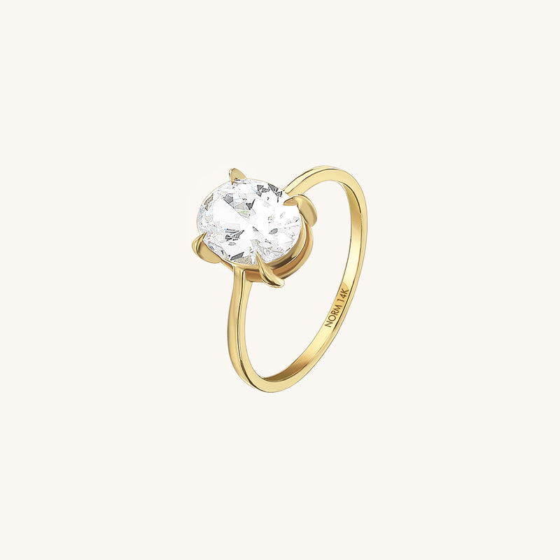 14K Real Gold Oval-Cut CZ Diamond Solitaire Ring