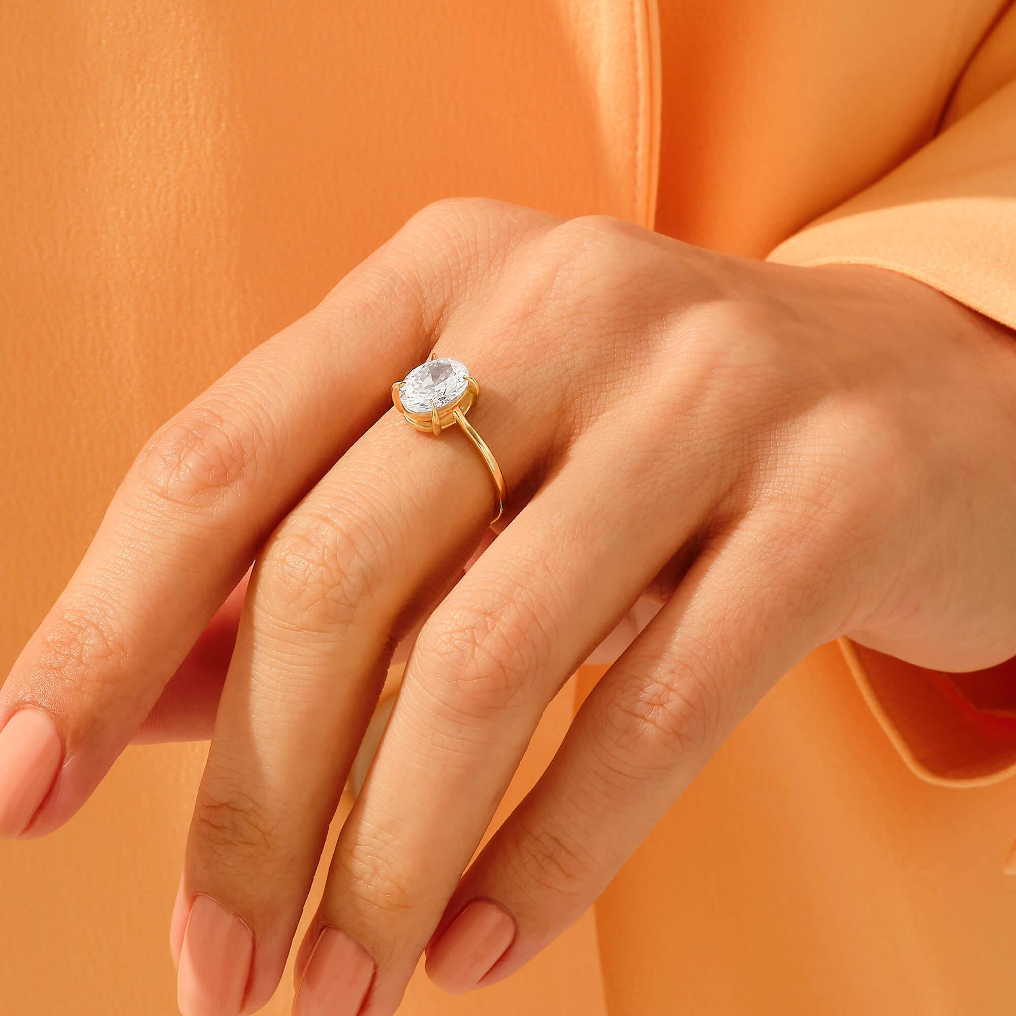14K Solid Yellow Gold Oval-Cut CZ Diamond Engagement Ring