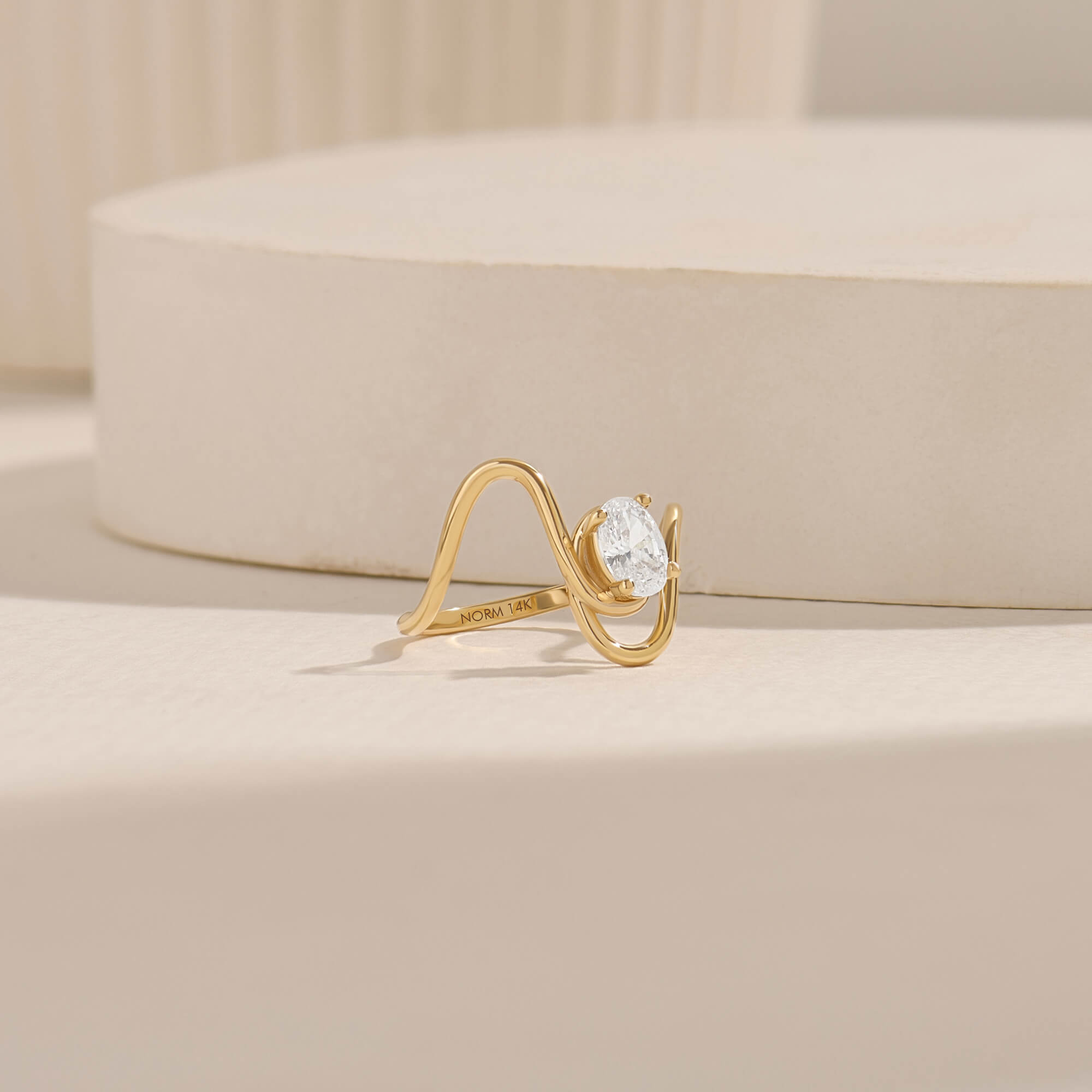 Oval Moissanite Solitaire Swirl Ring in Real Yellow Gold