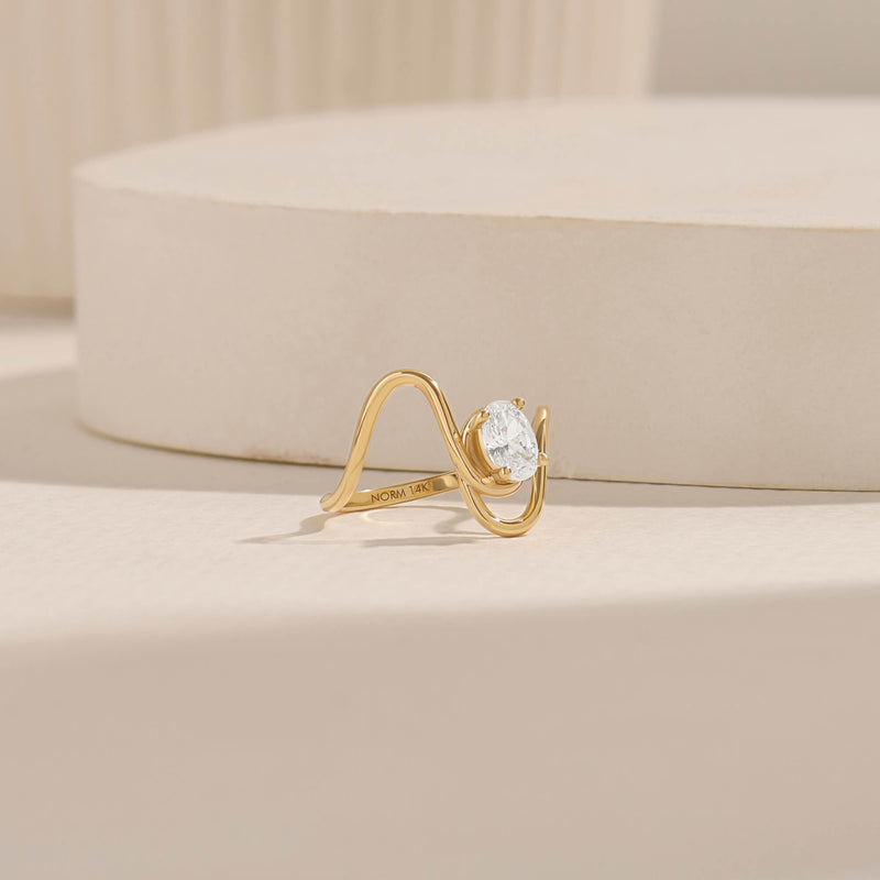 Oval Moissanite Solitaire Swirl Ring in Real Yellow Gold