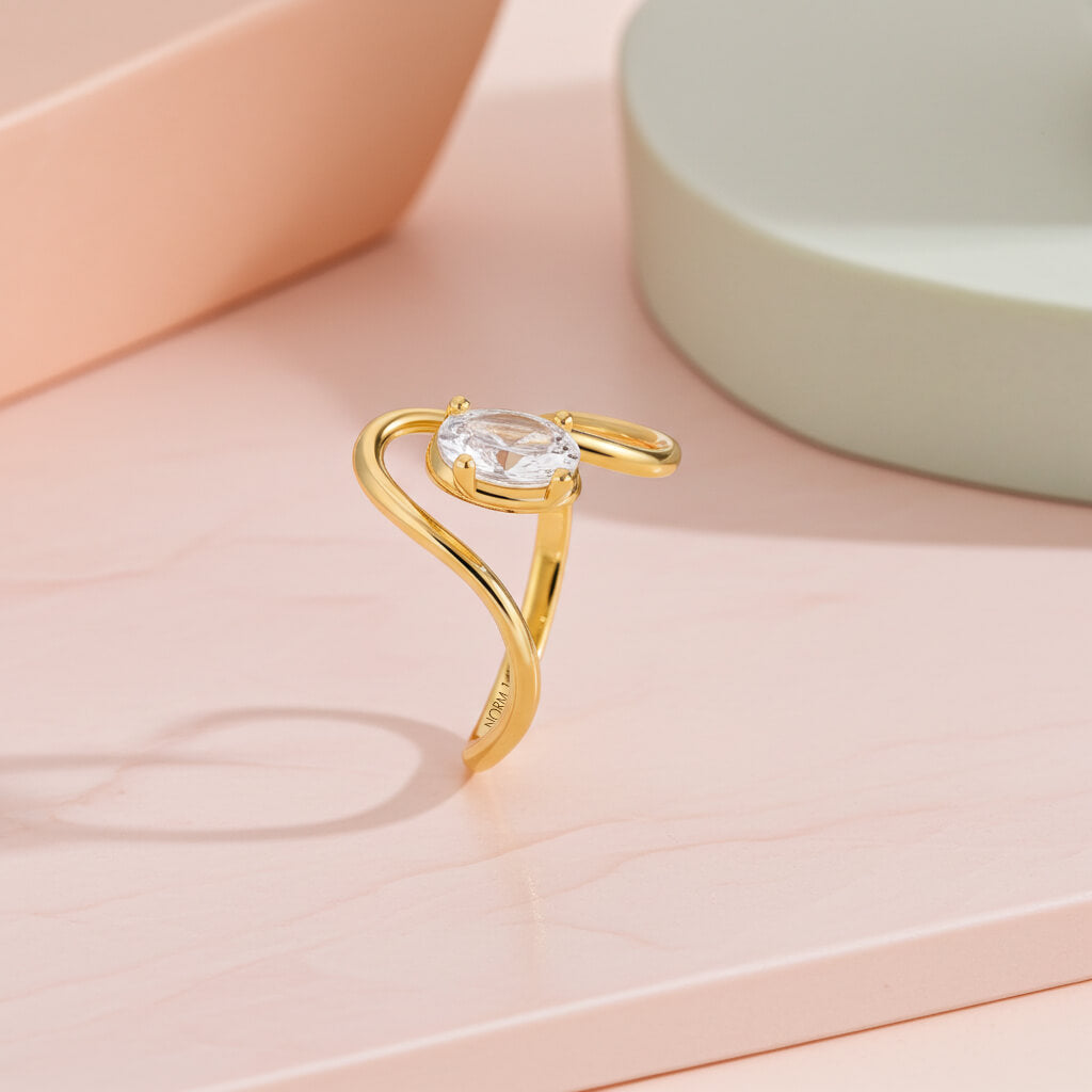 Swirly Oval Moissanite Solitaire Ring in Yellow Solid Gold