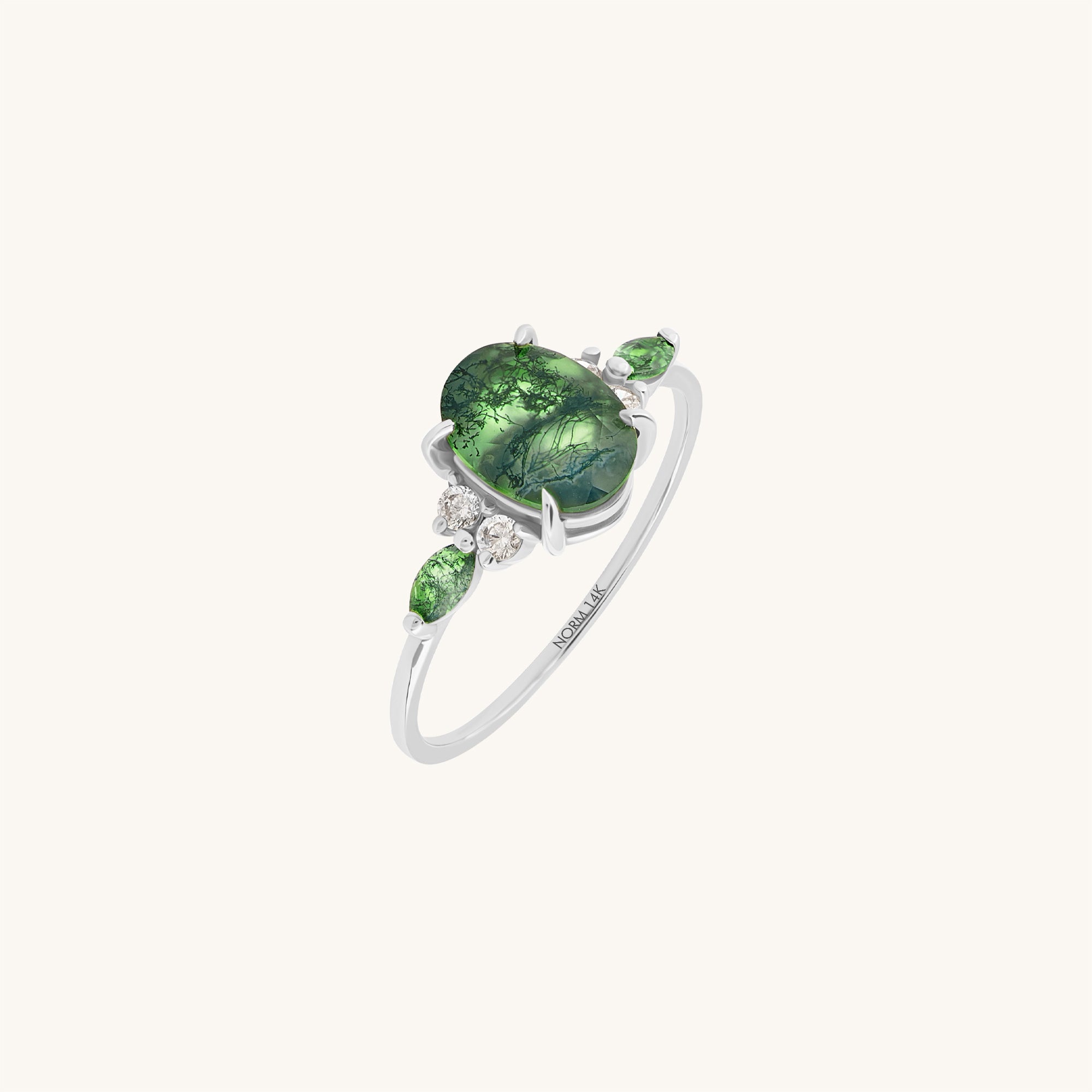 Oval Moss Agate & Diamond Engagement Ring in Solid Gold