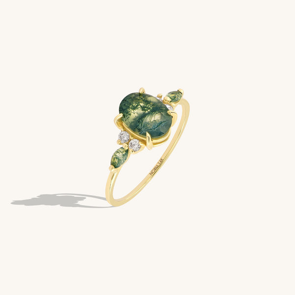 Oval Moss Agate & Diamond Engagement Ring in 14k Solid Gold