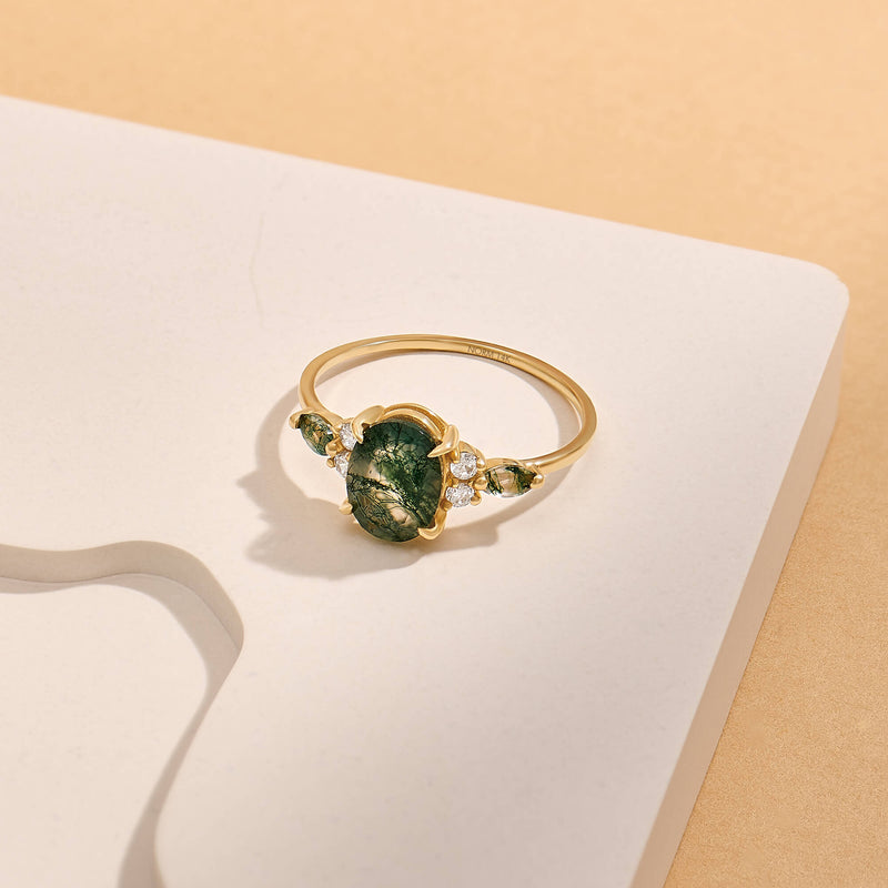 14K Gold Oval Moss Agate Engagement Ring