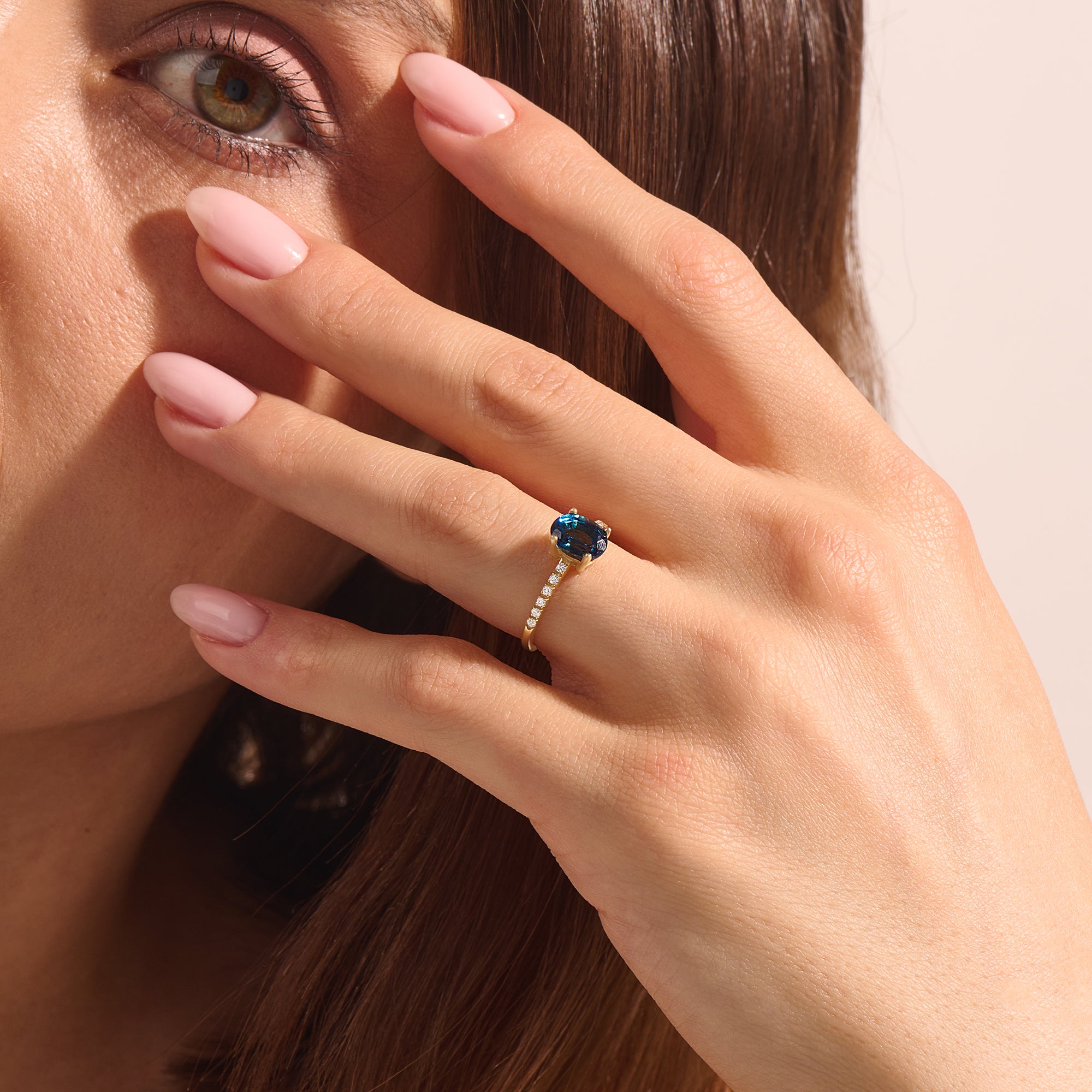 0.66ct Lab Grown Sapphire Solitaire Ring, 0.16ctw Diamond Pave 14k Real Gold Band