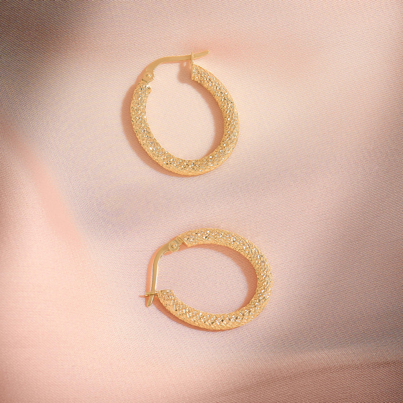 14K Real Gold Oval Textured Hoop Earrings