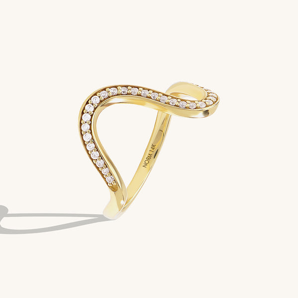 14K Gold Deep Wave Ring Paved with CZ Diamonds