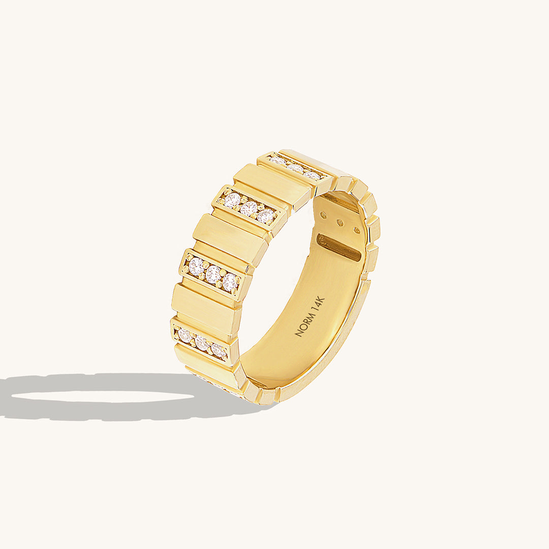 14K Real Gold CZ Diamond Pave Cigar Bar Band Ring