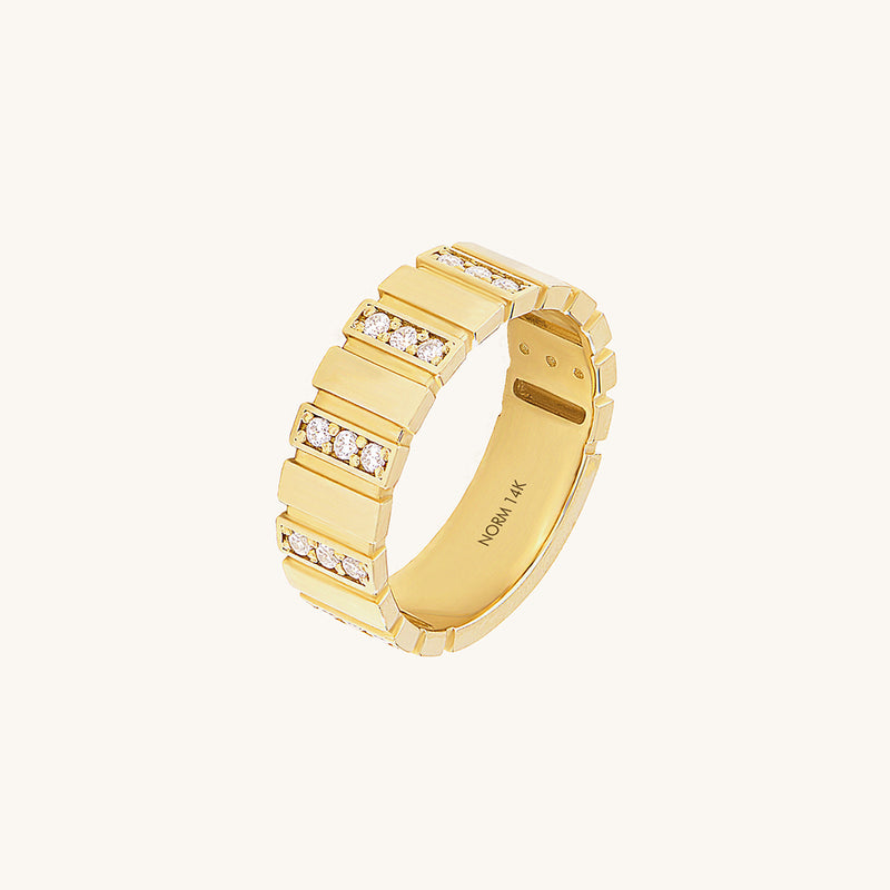 14K Solid Gold Paved Ribbed Band Ring
