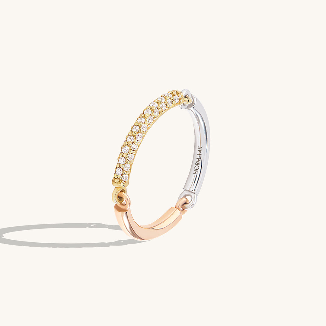 14K Real Gold Three Colored Paved Link Stacking Ring
