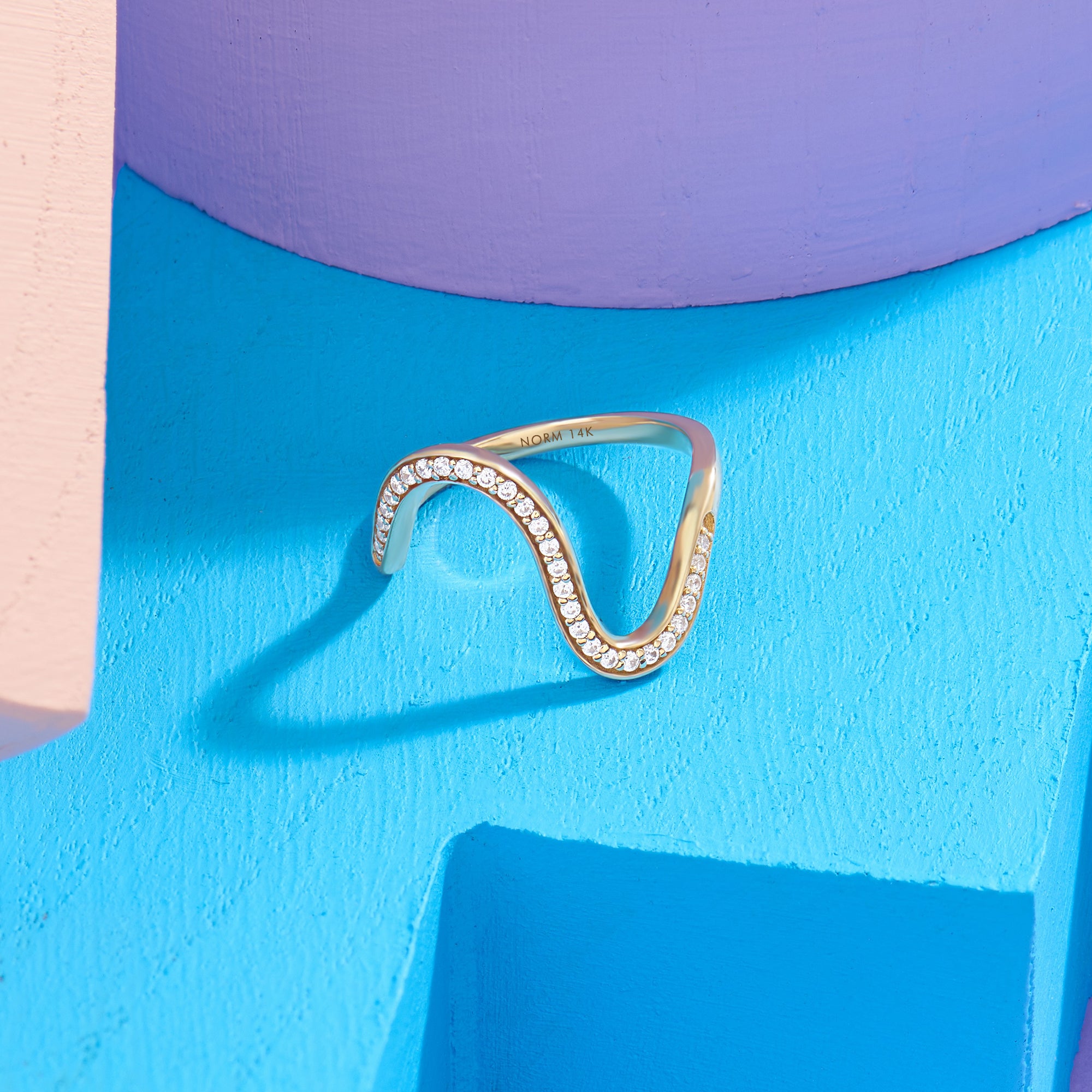 14K Solid Gold Deep Wave Ring Paved with CZ Diamonds