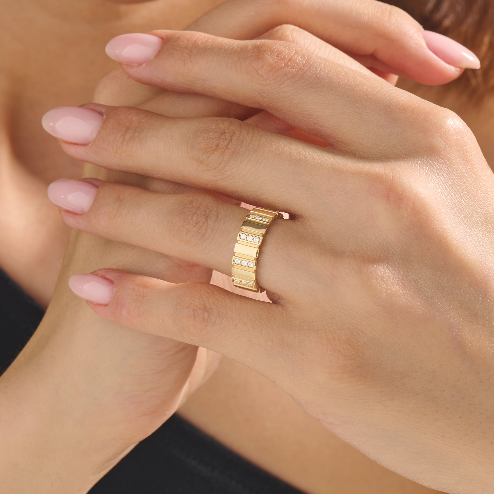 14K Solid Gold CZ Diamond Pave Cigar Bar Band Ring