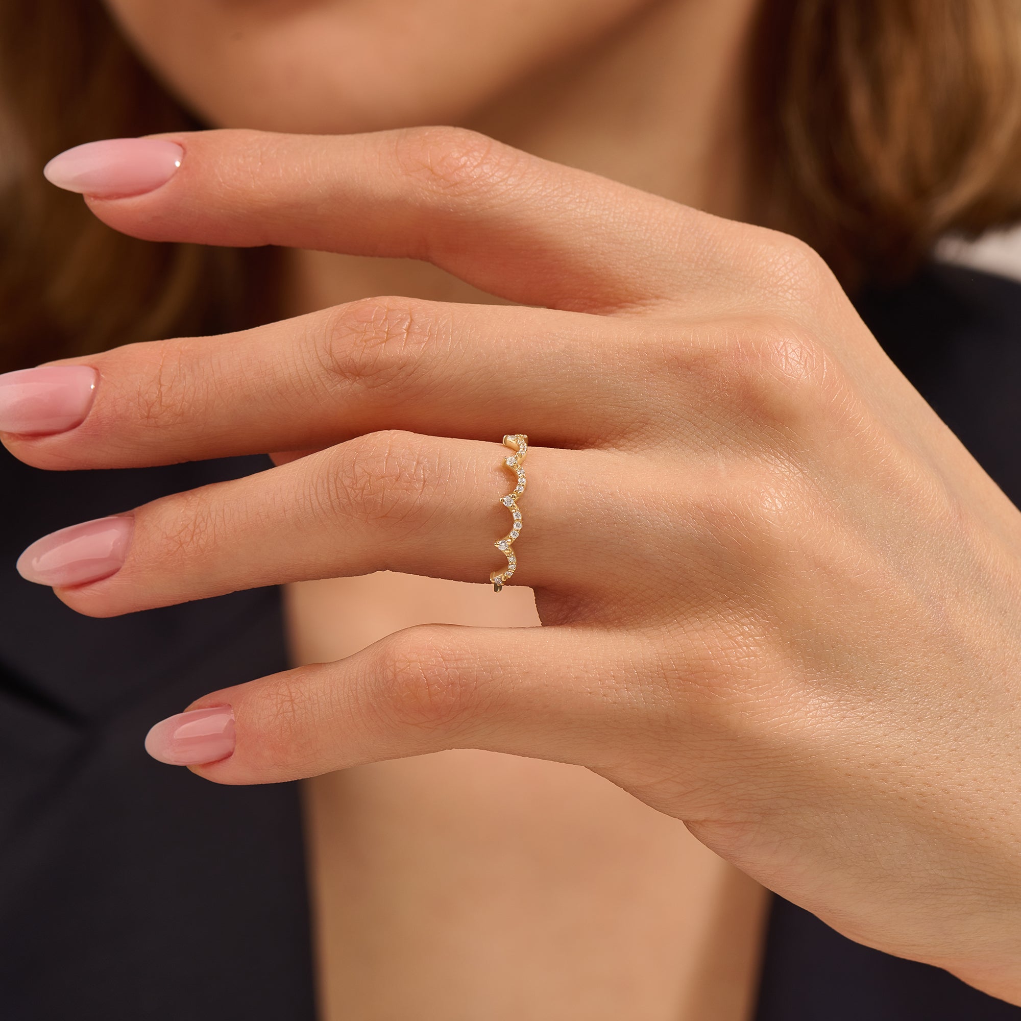 14k Real Gold Thin Pave Crown Stacking Ring for Women