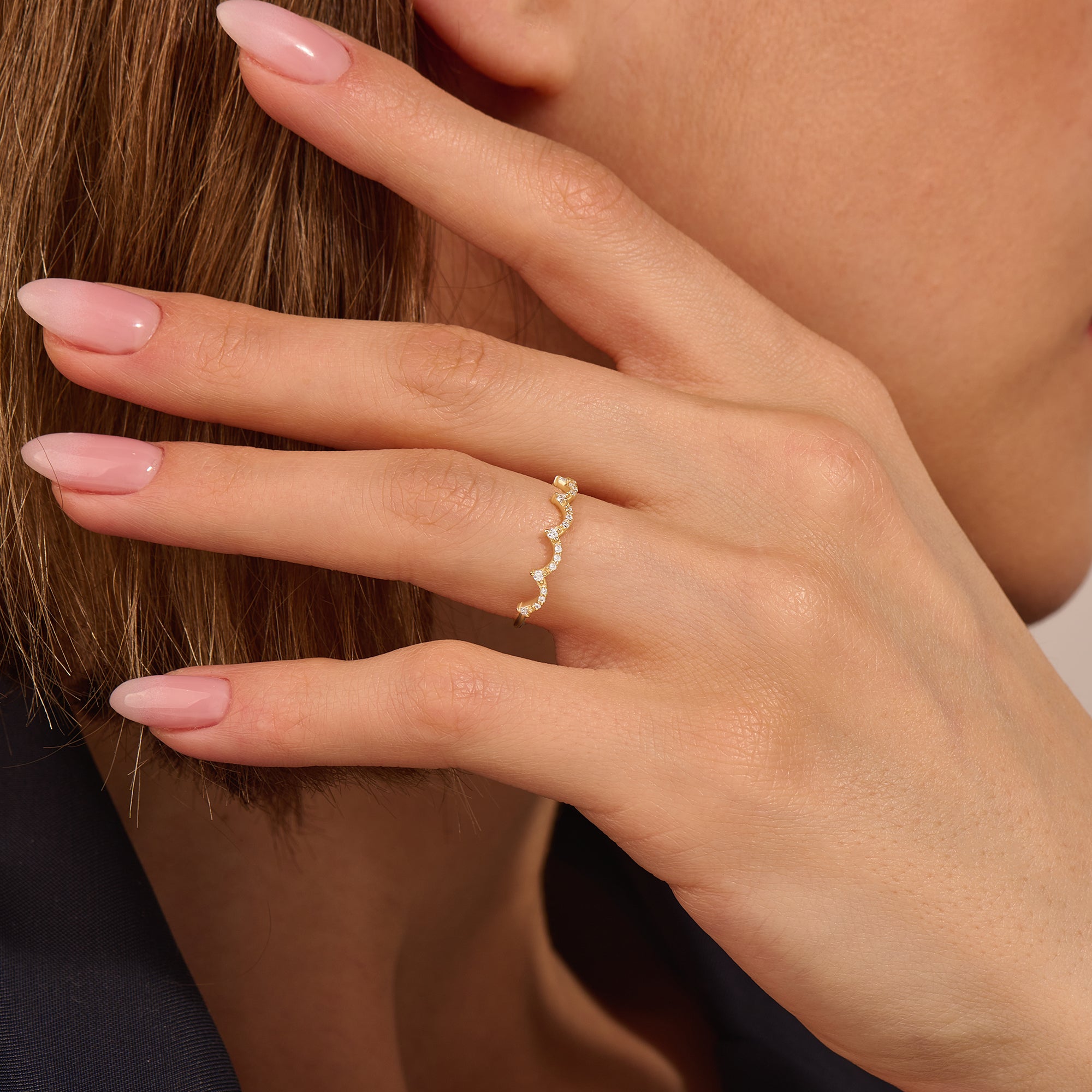 Women's 14k Real Gold Pave Wave Ring