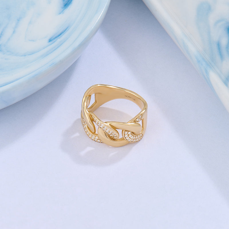 14K Solid Yellow Gold CZ Paved Bold Cuban Chain Statement Ring