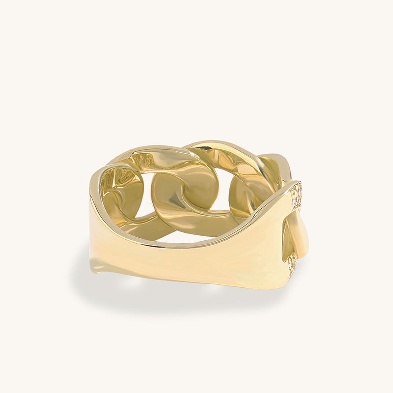 14K Real Gold Chunky Chain Statement Ring, Paved with CZ