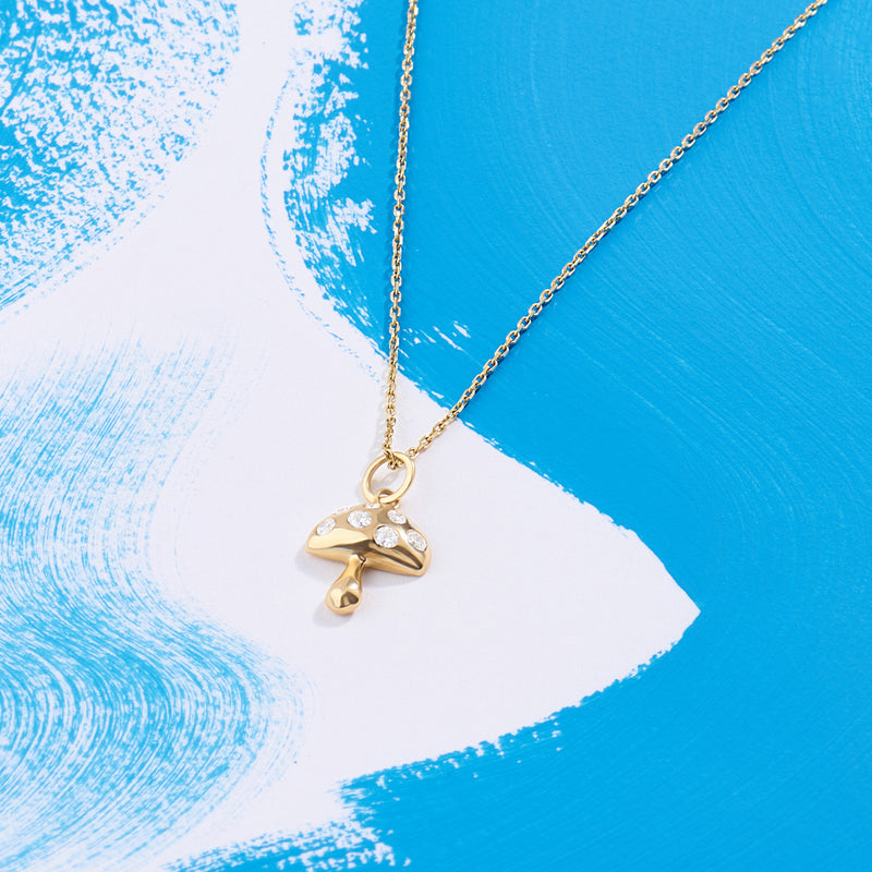 14k Real Yellow Gold Minimalist Mushroom Charm Necklace for Women