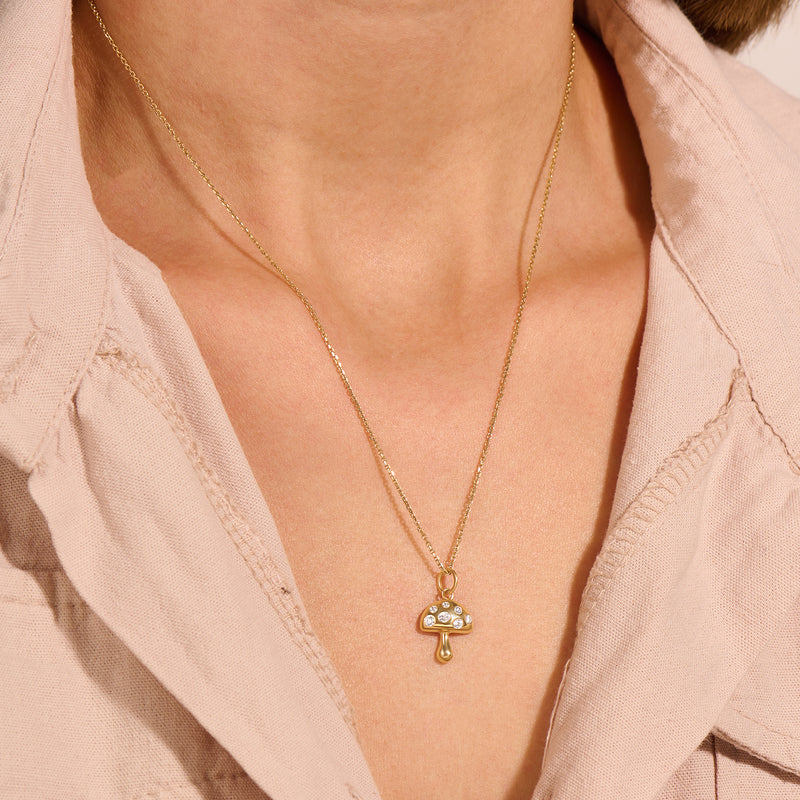 14k Solid Yellow Gold Minimalist Mushroom Charm Necklace