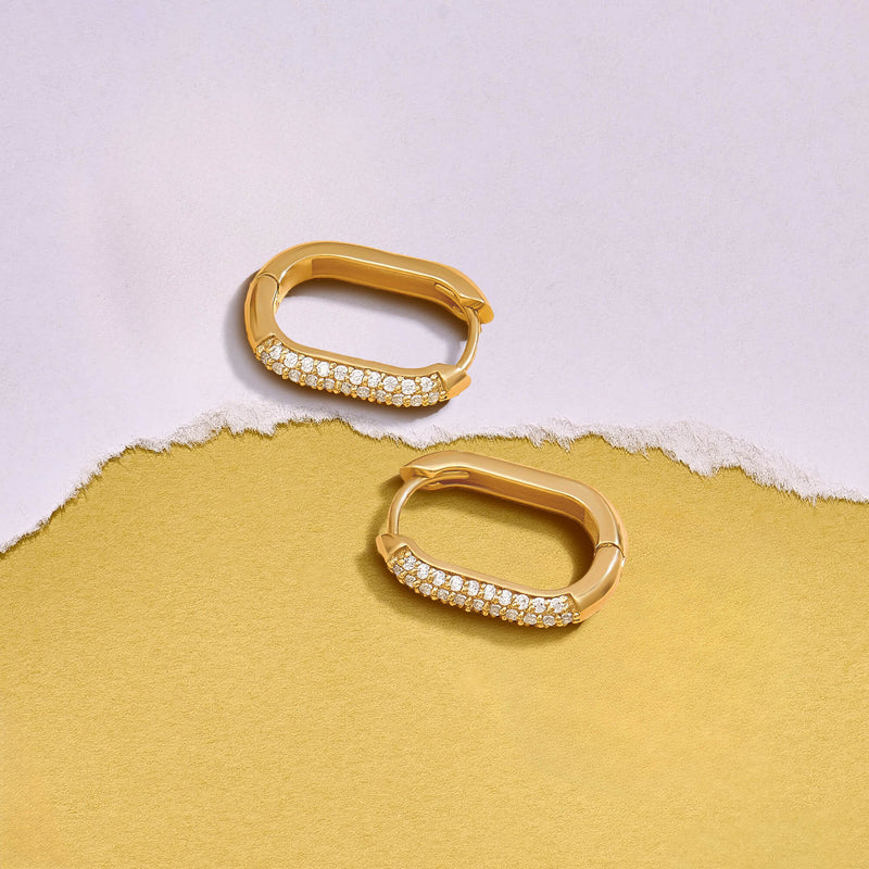 14K Real Gold Paved Oval Hoop Earrings