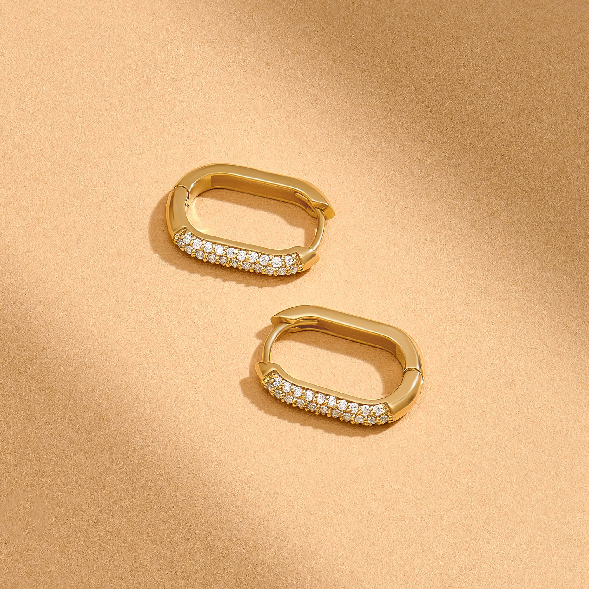 14K Gold Paved Oval Hoop Earrings