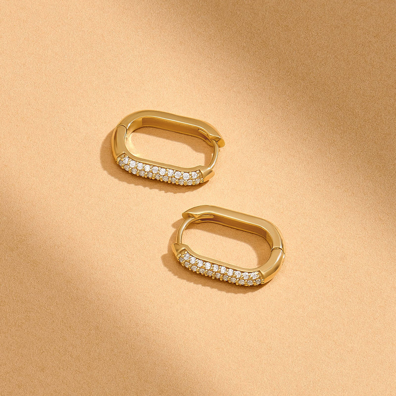 14K Gold Paved Oval Hoop Earrings