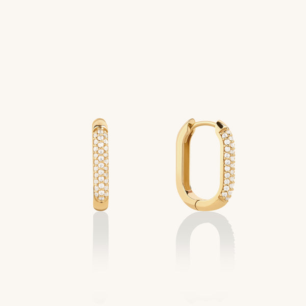 Pave Oval Hoop Earrings in 14K Solid Gold