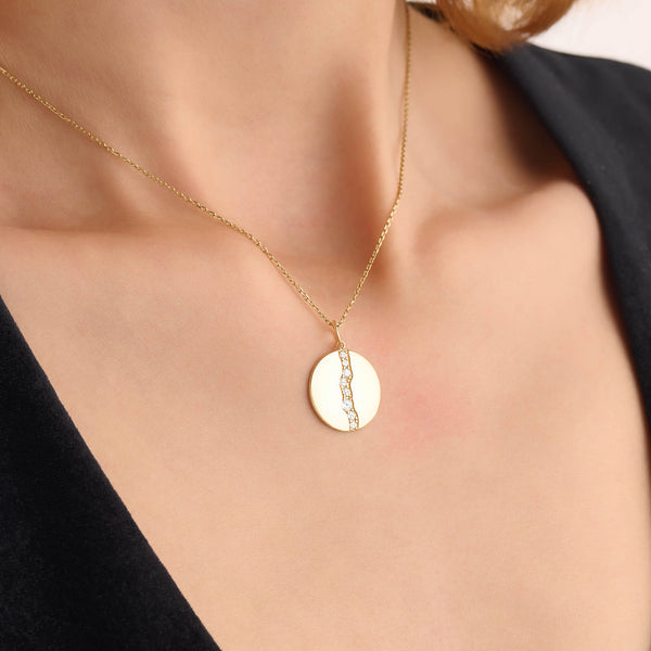 Pave River Coin Necklace in 14K Solid Gold