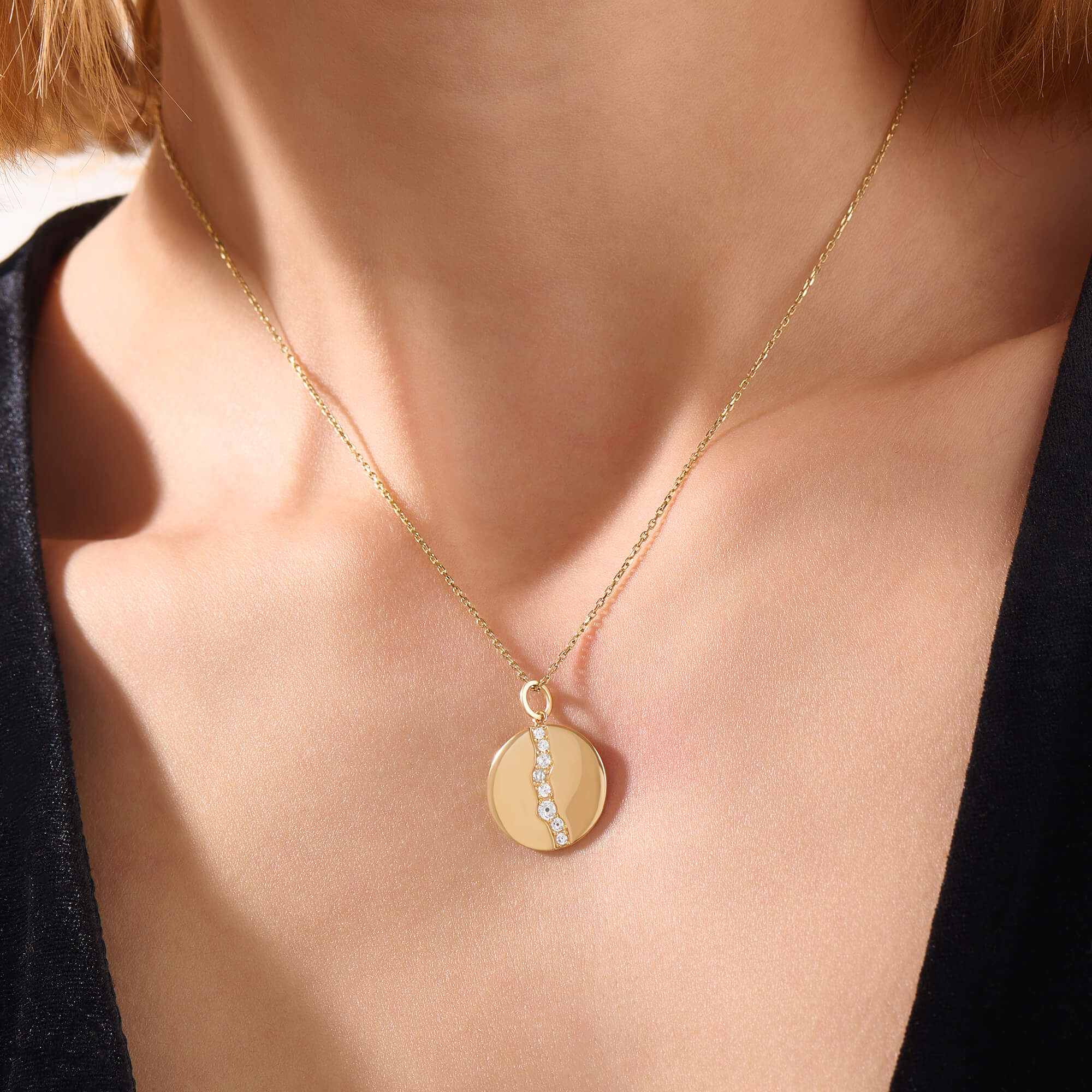 Pave River Coin Necklace in Solid 14K Yellow Gold