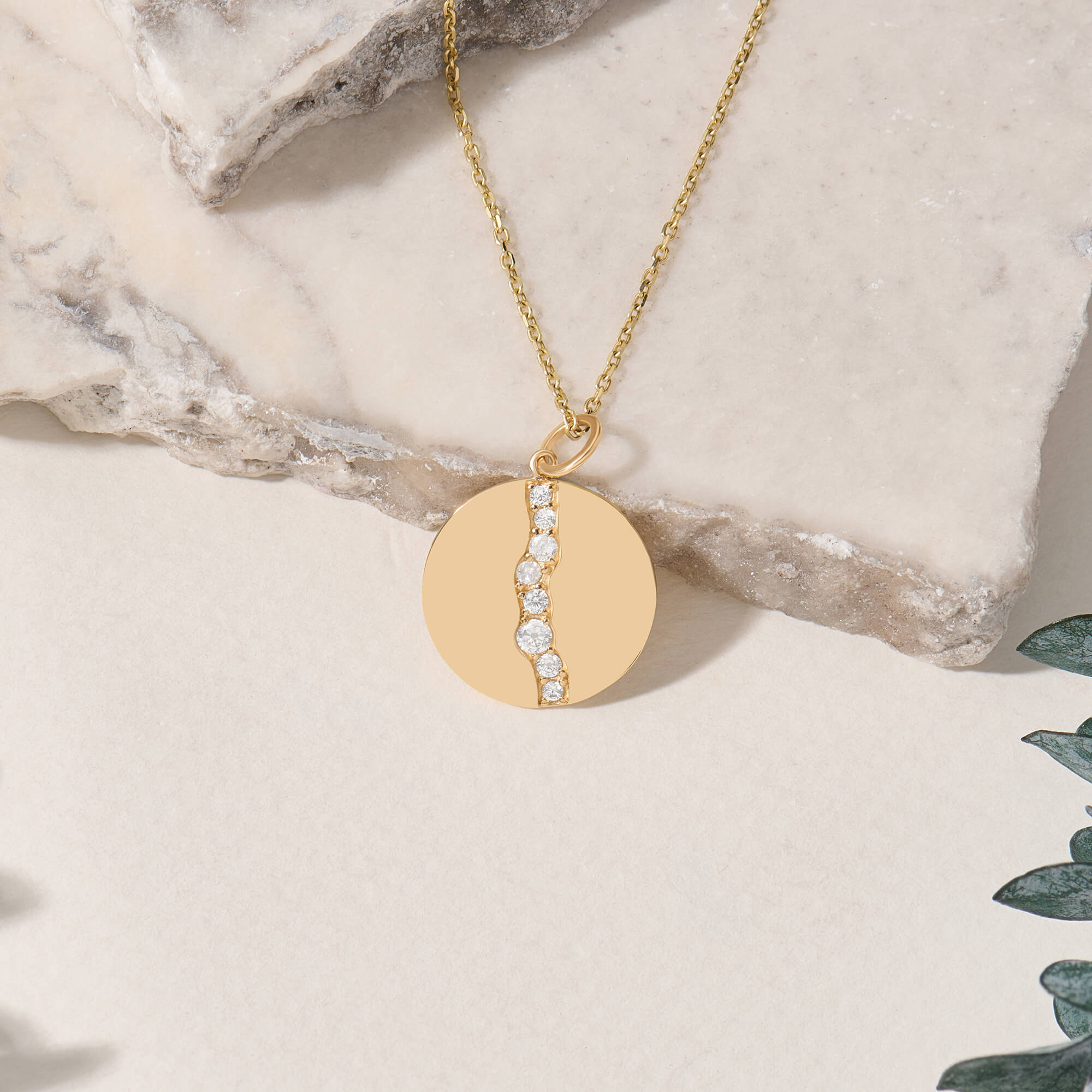 Women's Pave River Coin Necklace in Solid 14K Yellow Gold