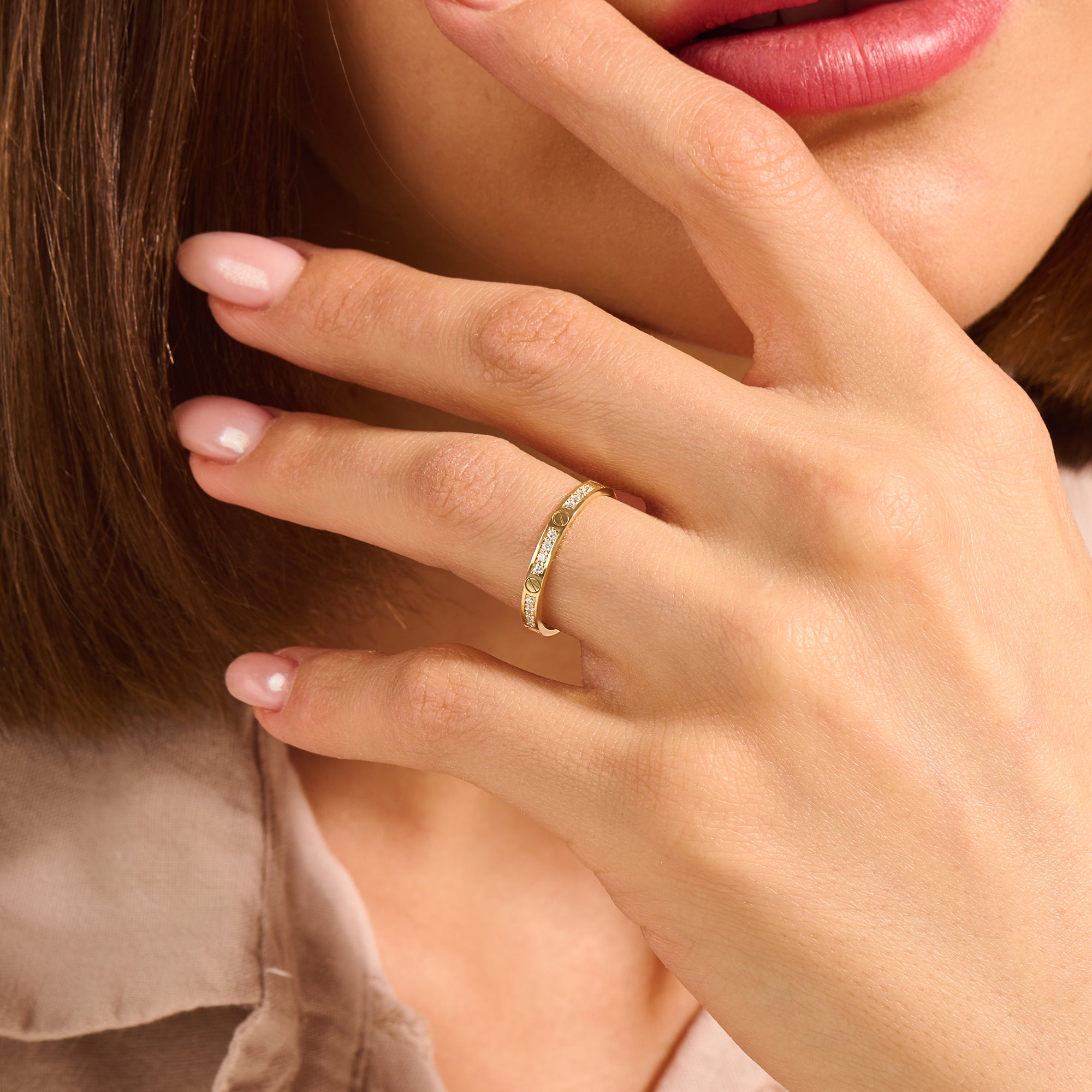 Women's 14k Solid Yellow Gold Pave Screw Band Ring