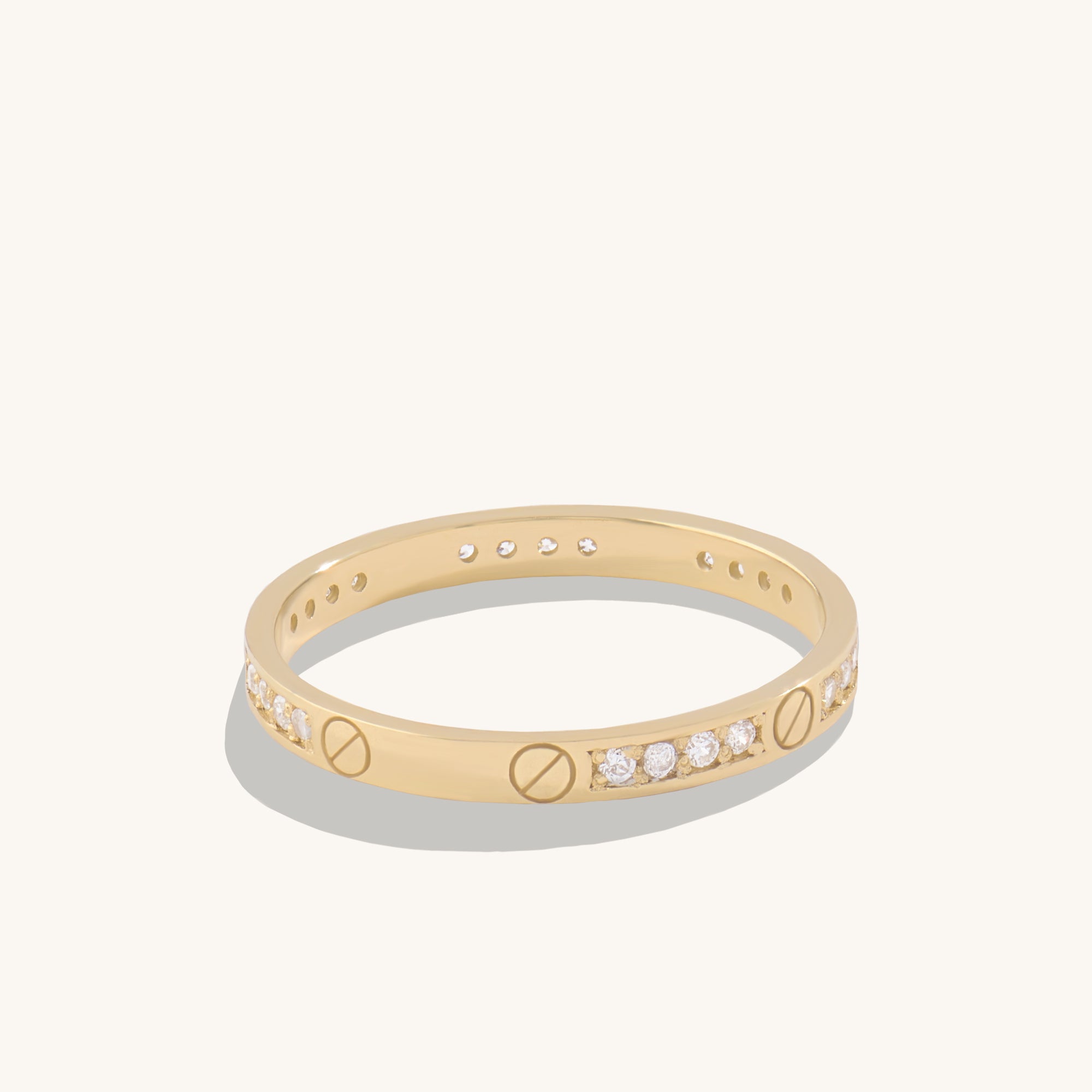 14k Solid Gold CZ Pave Screw Love Band Ring