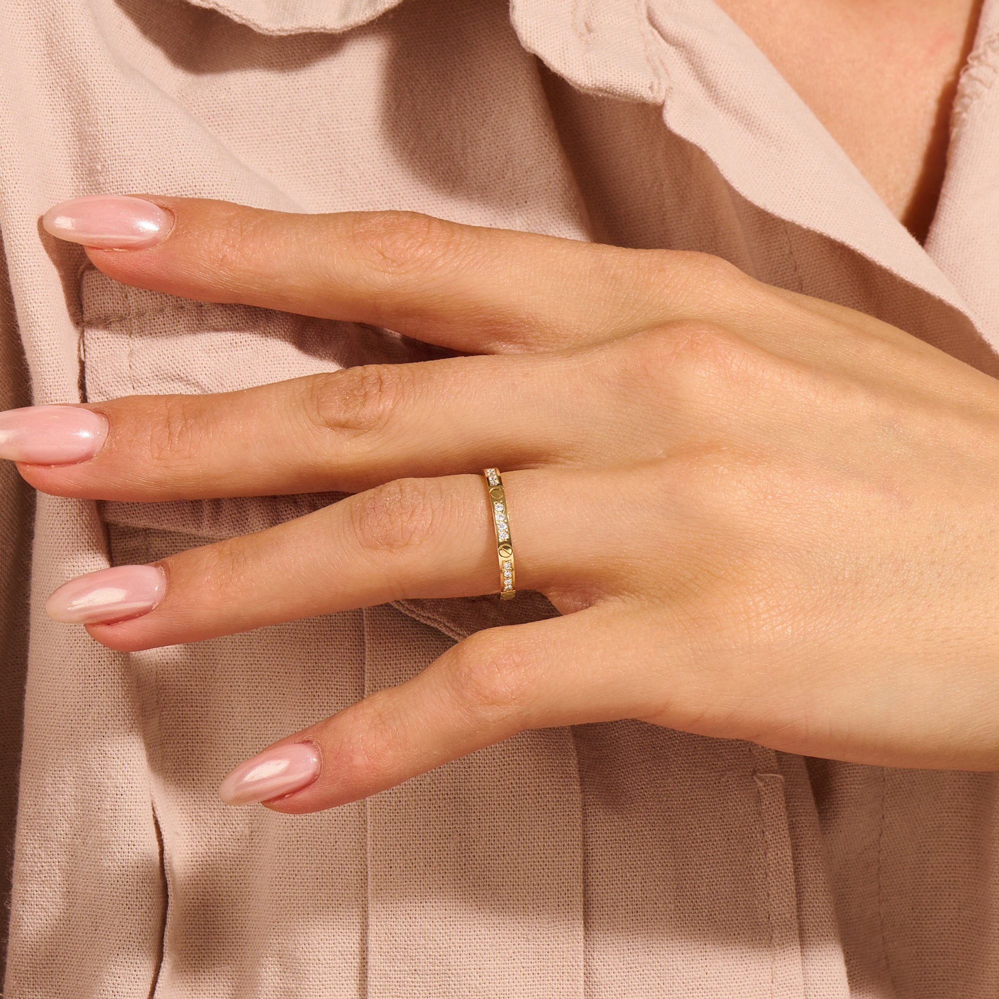 Women's 14k Real Yellow Gold Pave Screw Band Ring