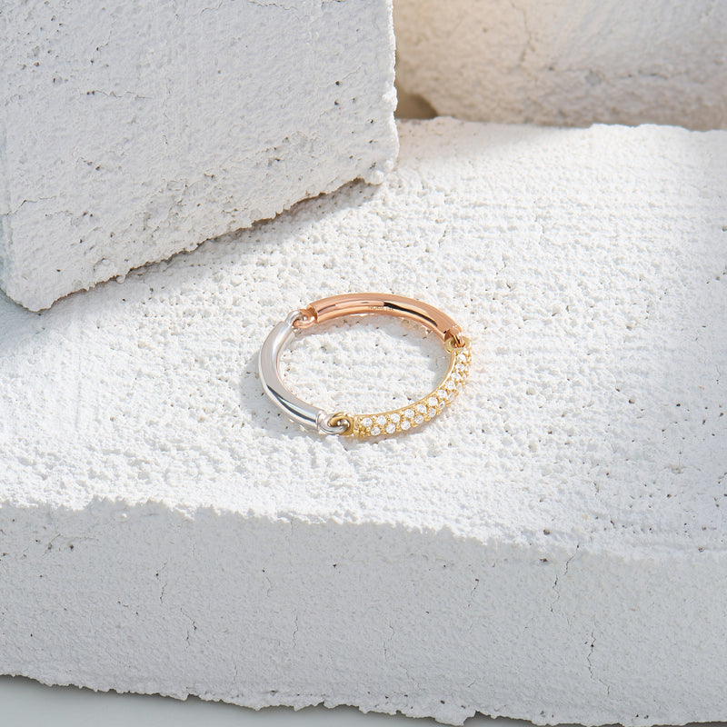 Three Colored Link Pave Stackable Band Ring in 14K Gold