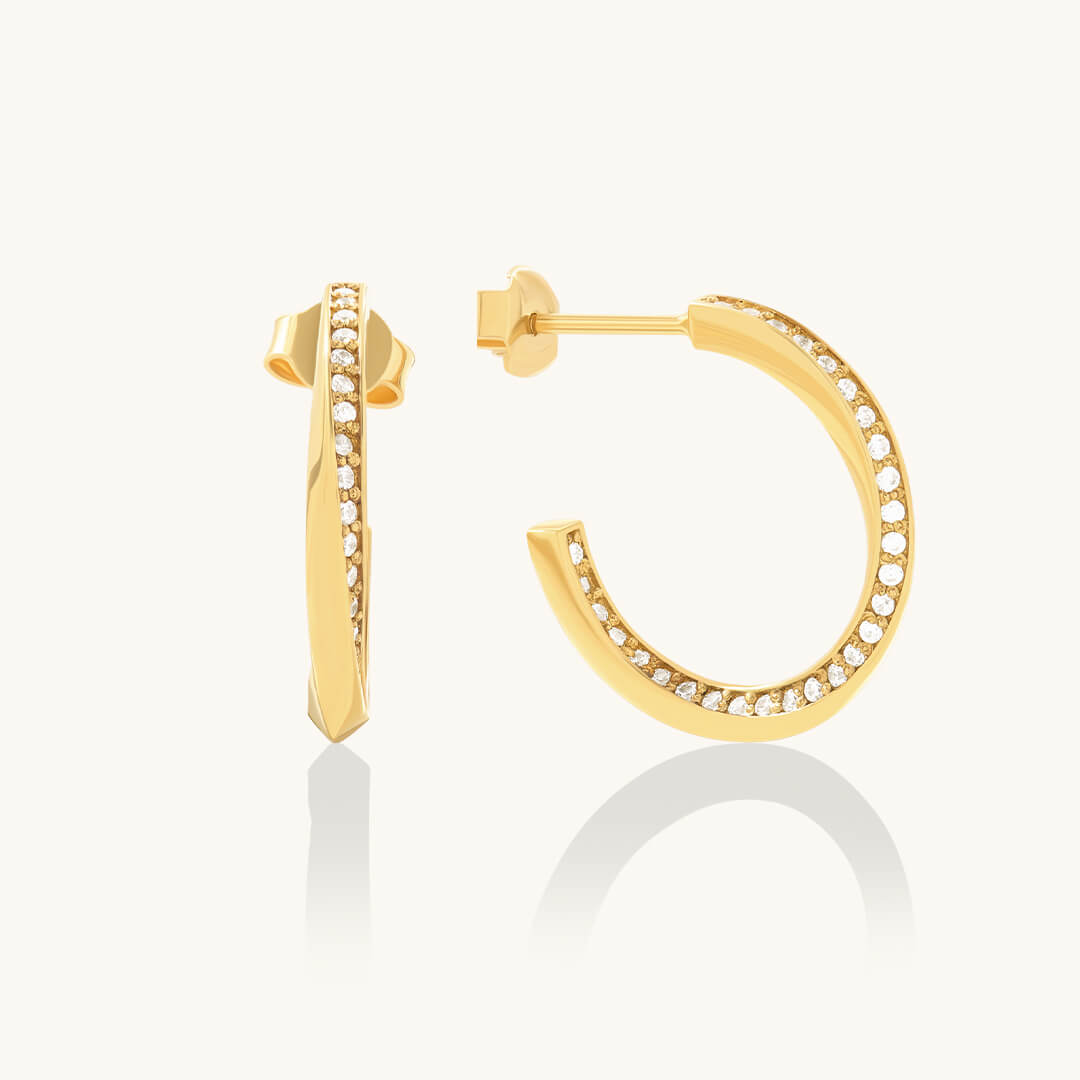 Pave Twist Open Hoop Earrings in Solid Gold