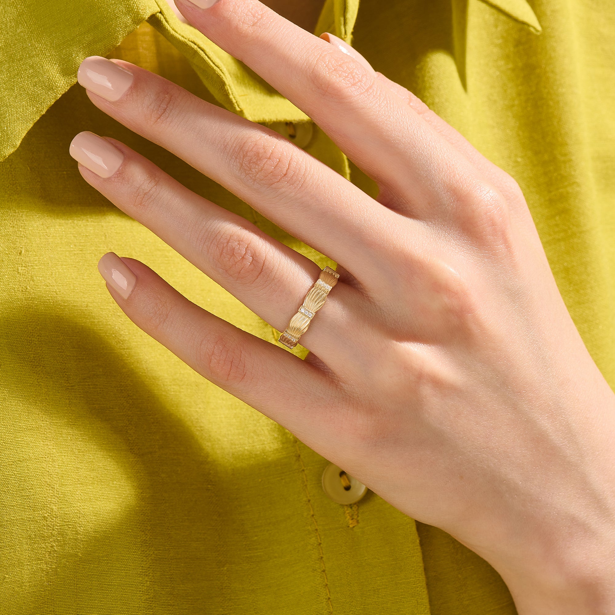 14K Solid Gold Pave Willow Ring for Women