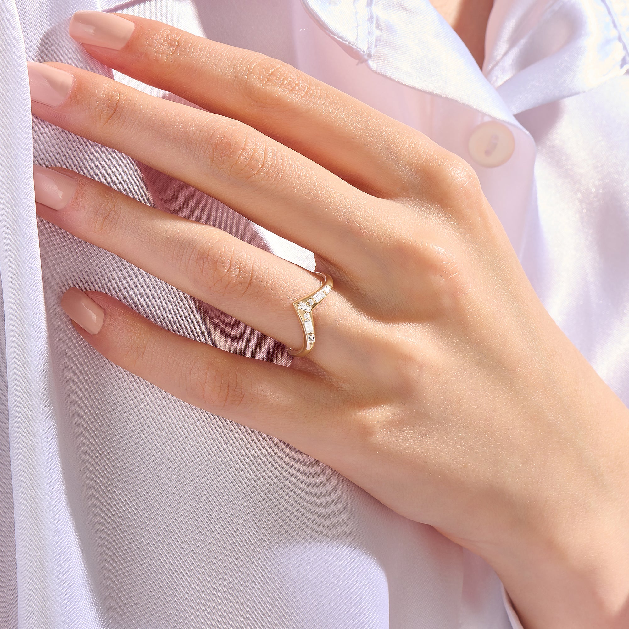 Solid 14K Gold Paved Wishbone Stacker Ring
