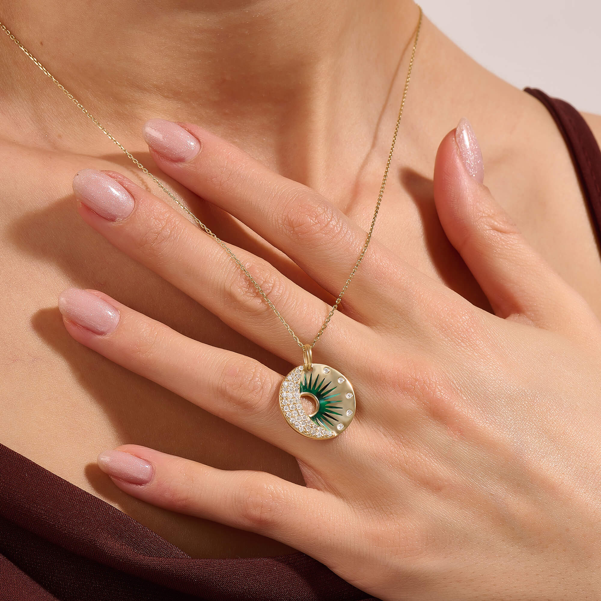 14K Real Gold Sun & Moon Coin Necklace, Women's Celestial Necklace