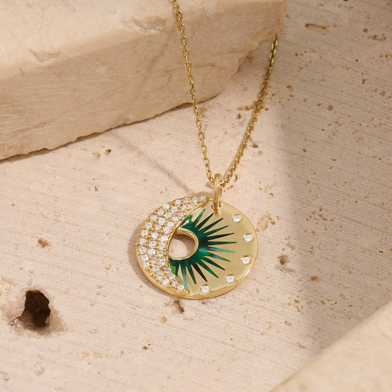 Paved Moon and Green Sun Coin Necklace in 14K Solid Gold