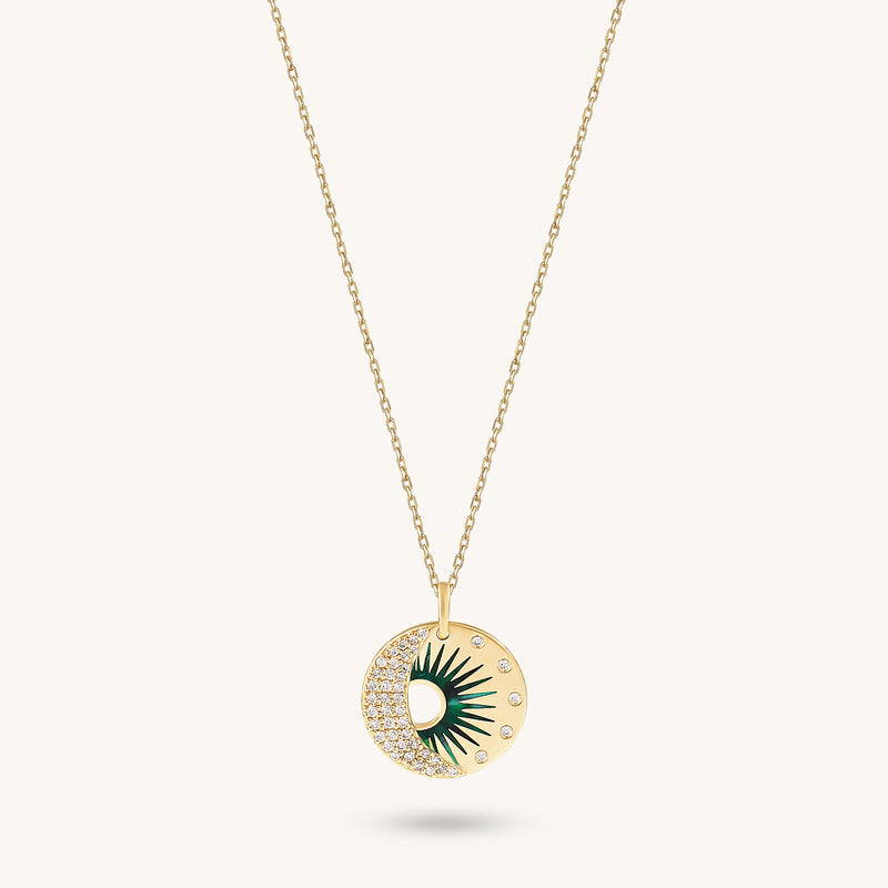 Paved Moon and Green Sun Coin Necklace in 14K Real Gold
