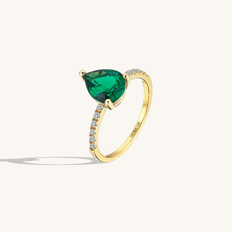 14K Real Gold Pear-Cut Lab-Grown Emerald Engagement Ring