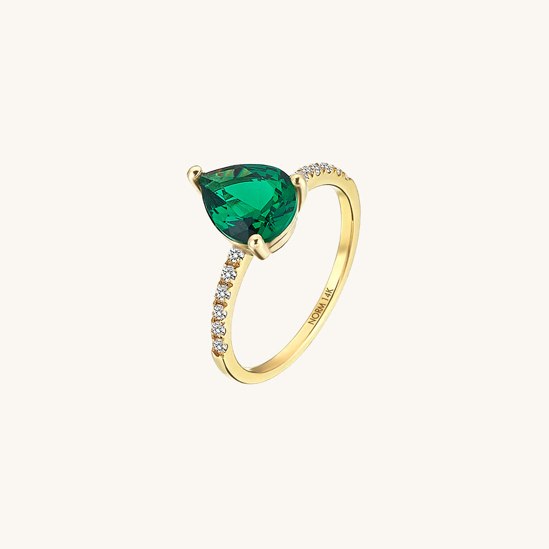 14K Real Gold Pear Cut Lab-Grown Emerald Solitaire Ring