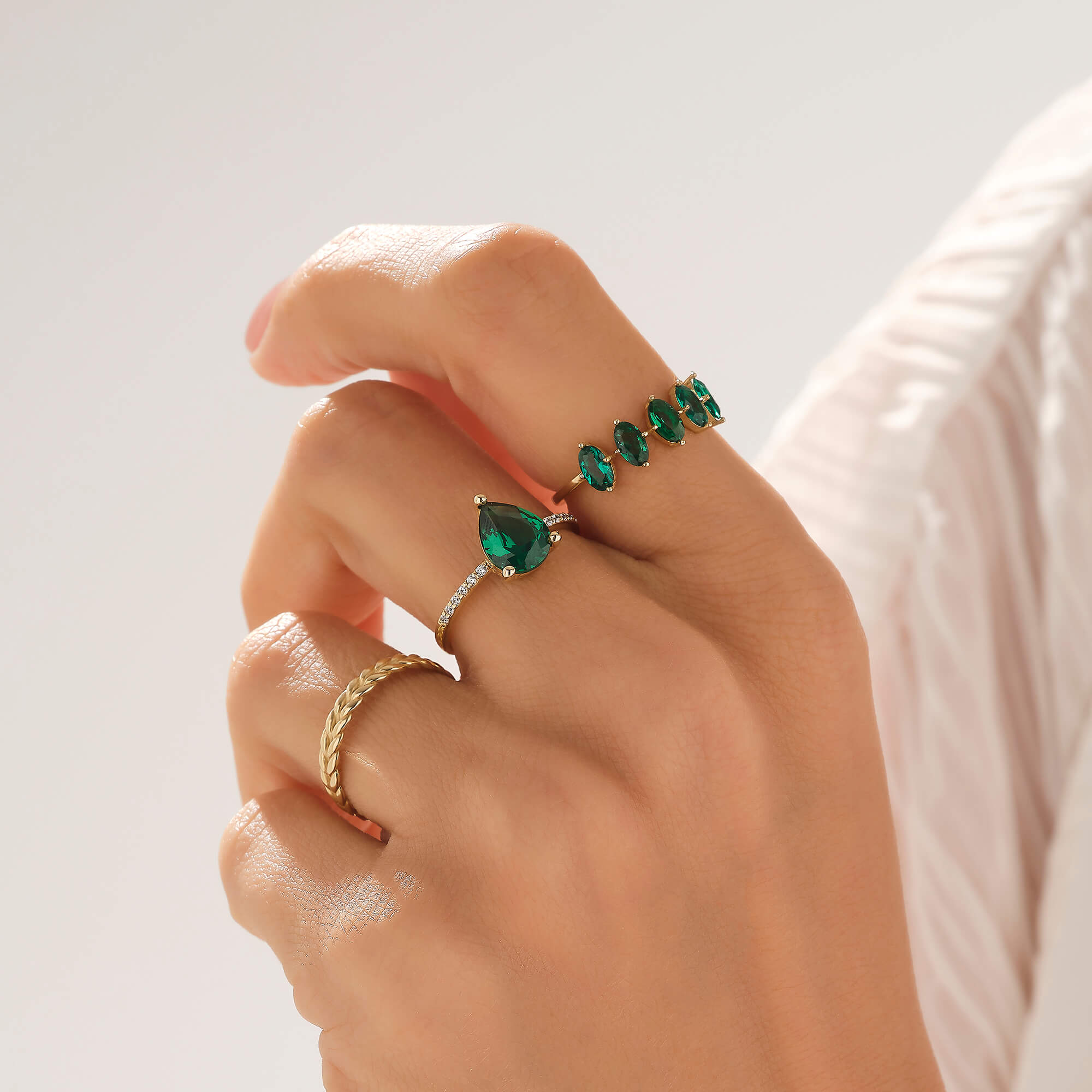 14K Solid Gold Emerald Engagement Ring, Pear Cut Lab-Grown Emerald 