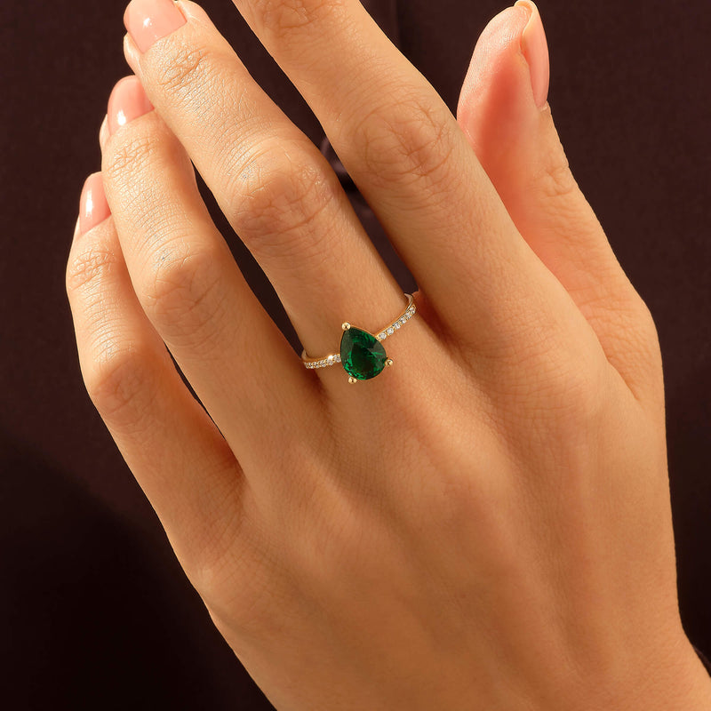 14K Solid Gold Pear-Cut Lab-Grown Emerald Engagement Ring