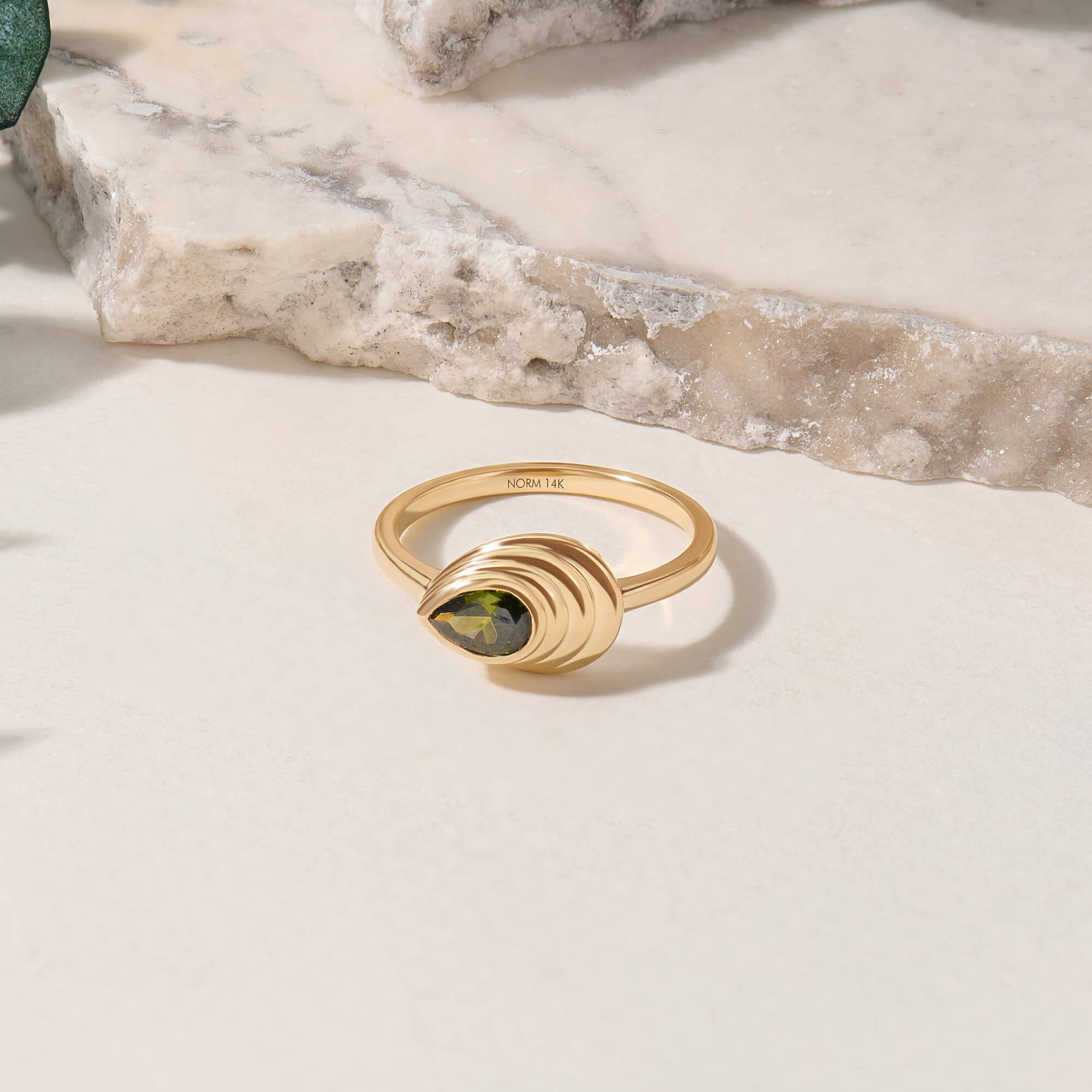 Pear Emerald Shell Ring in 14K Real Yellow Gold