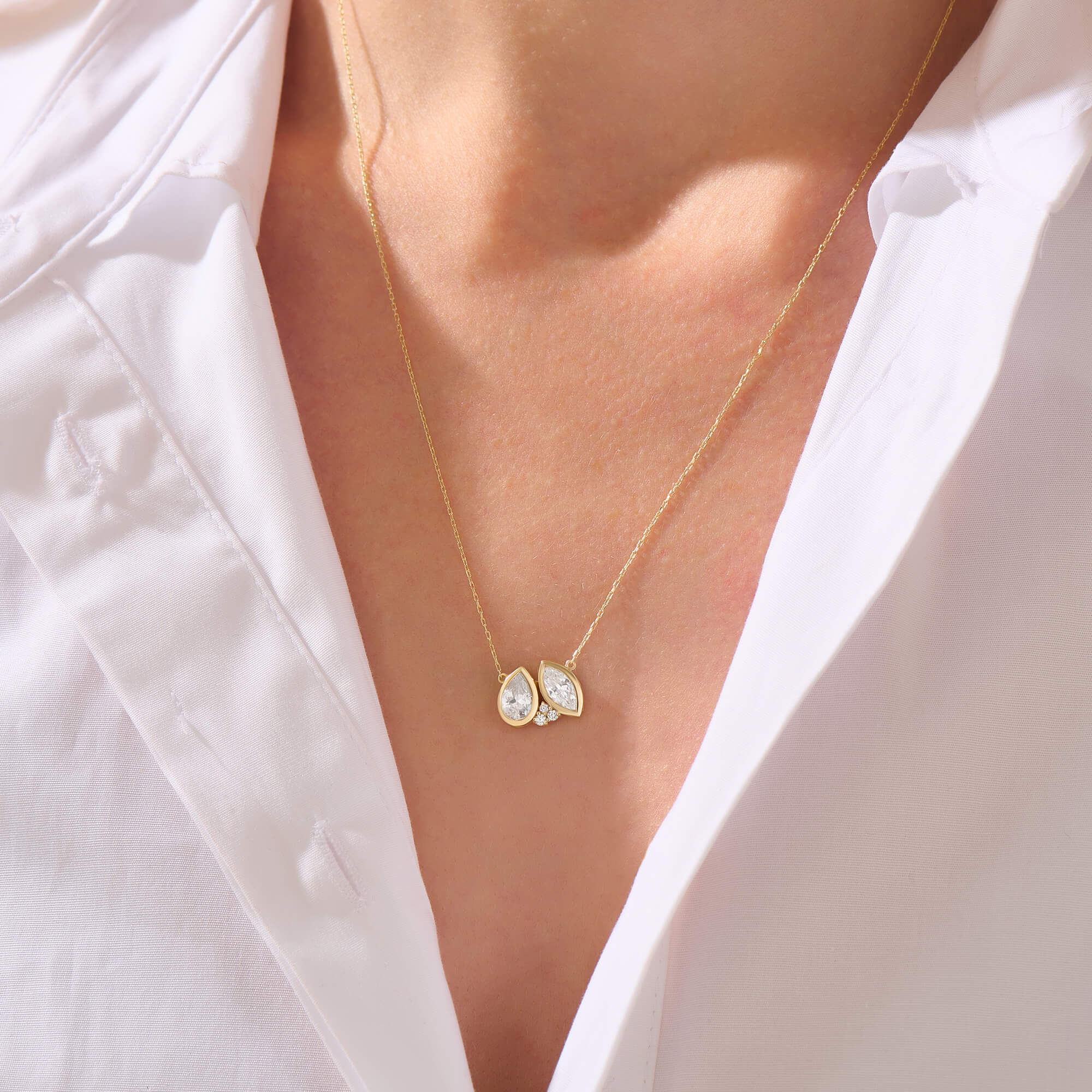 Women's Pear Marquise Moissanite Duo Necklace in Yellow Gold